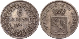 German States Hesse-Darmstadt 6 Kreuzer 1848
KM# 326; Silver 2.55g.; Ludwig III; XF-AUNC