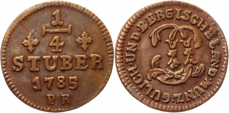 German States Julich-Berg 1/4 Stuber 1785 PR
KM# 205; Copper 3,18g.; Karl Theod...