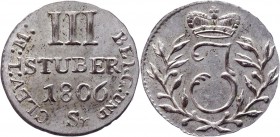 German States Julich-Cleve-Berg 3 Stuber 1806 Sr
AKS# 12; Jager# 169; Silver 1,77g.; Joachim Murat; AUNC