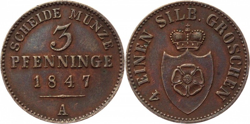 German States Lippe-Detmold 3 Pfennig 1847 A
KM# 252; Copper 4.34g.; Paul Alexa...