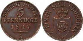 German States Lippe-Detmold 3 Pfennig 1847 A
KM# 252; Copper 4.34g.; Paul Alexander Leopold II; XF-AUNC