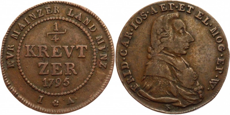 German States Mainz 1/4 Kreutzer 1795
KM# 402; Copper 1.94g.; Friedrich Karl Jo...