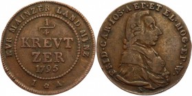 German States Mainz 1/4 Kreutzer 1795
KM# 402; Copper 1.94g.; Friedrich Karl Josef; VF