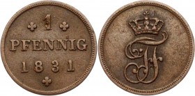 German States Mecklenburg-Schwerin 1 Pfennig 1831
KM# 280; Copper 0.92g.; Friedrich Franz I; XF