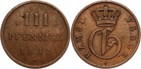 German States Mecklenburg-Strelitz 3 Pfennig 1832 F+N
KM# 80; Copper 2.33g.; Georg; XF-AUNC