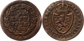 German States Nassau 1/4 Kreuzer 1813 L
KM# 9; J. 1; AKS 21; Copper 1.1g.; Friedrich August & Friedrich Wilhelm; XF