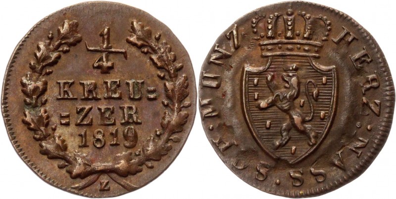 German States Nassau 1/4 Kreuzer 1819 Z
KM# 42; J. 33; AKS 56; Copper 0.94g.; W...
