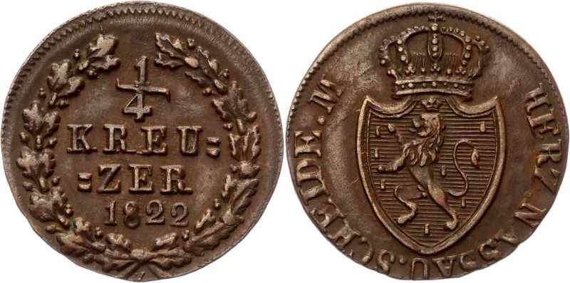 German States Nassau 1/4 Kreuzer 1822 Z
KM# 42; J. 33; AKS 56; Copper 1.15g.; W...
