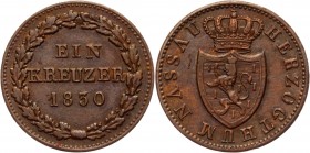 German States Nassau 1 Kreuzer 1830
KM# 51; Copper 3.62g.; Wilhelm; XF-AUNC