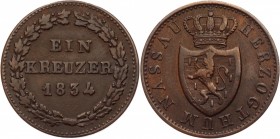German States Nassau 1 Kreuzer 1834
KM# 51; Copper 3.98g.; Wilhelm; VF-XF