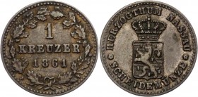 German States Nassau 1 Kreuzer 1861
KM# 77; Silver 0.83g.; Adolph; VF-XF