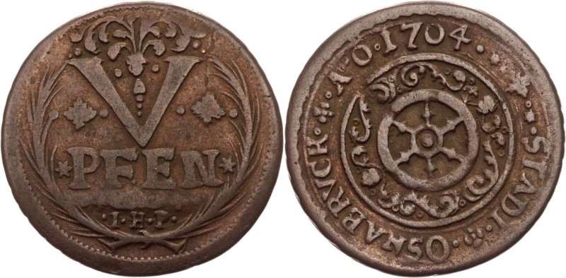 German States Osnabrück 5 Pfenning 1704 IHP
KM# 186; Copper 3.48g.; VF