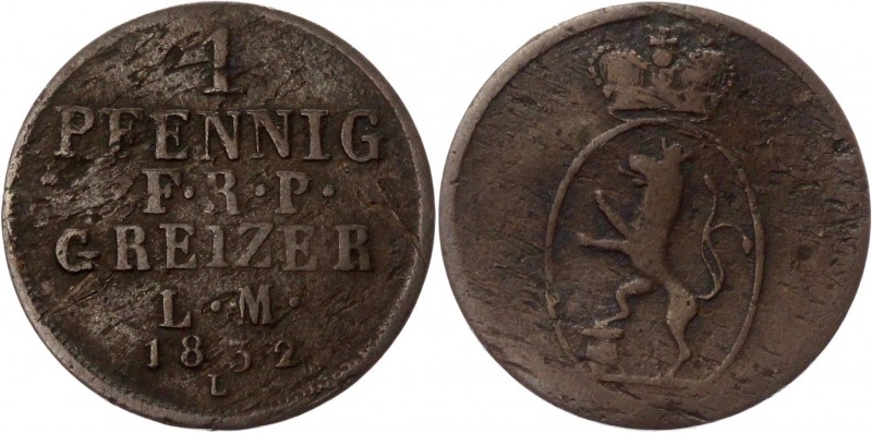 German States Reuss-Obergreiz 1 Pfennig 1832 L
KM# 102; Copper 1.27g.; Heinrich...