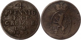 German States Reuss-Obergreiz 1 Pfennig 1832 L
KM# 102; Copper 1.27g.; Heinrich XIX; F-VF