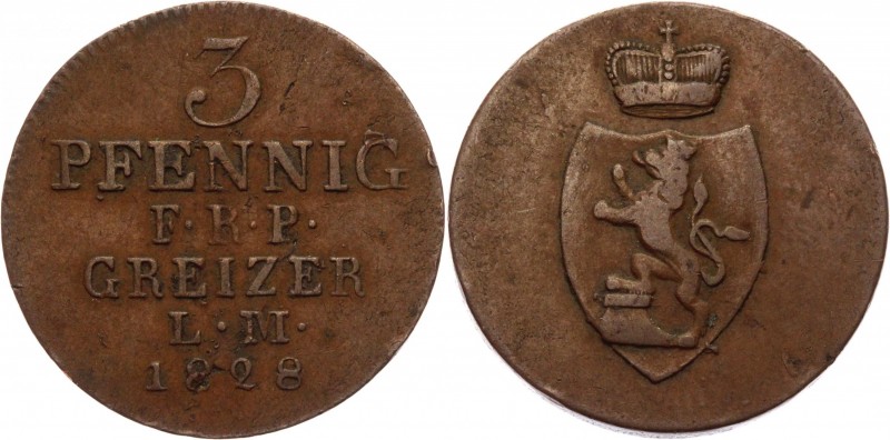 German States Reuss-Obergreiz 3 Pfennig 1828
J. 34; KM# 103; Copper 5.54g.; Hei...