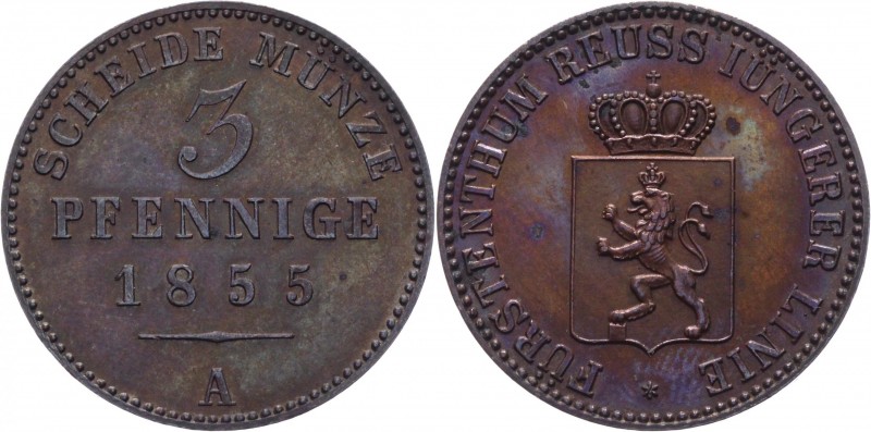 German States Reuss-Schleiz 3 Pfennige 1855 A
KM# 70; Copper 4,68g.; Heinrich L...