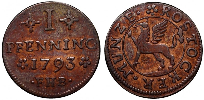 German States Rostock 1 Pfennig 1793 FHB
KM# 128; Copper 19mm; VF/XF