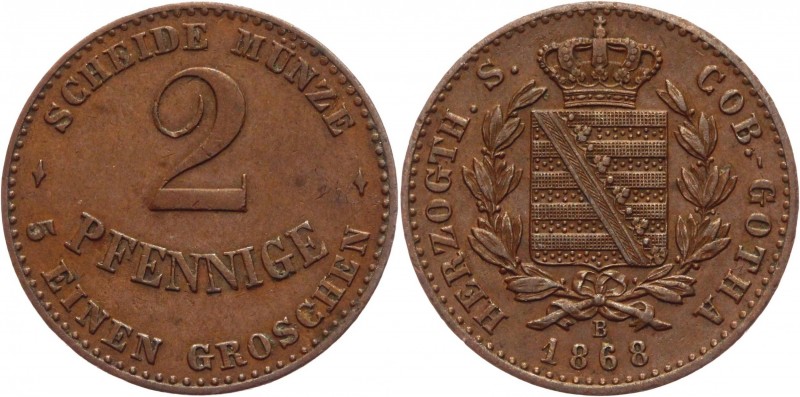 German States Saxe-Coburg-Gotha 2 Pfennig 1868 B
KM# 145; Copper 2.93g.; Ernst ...