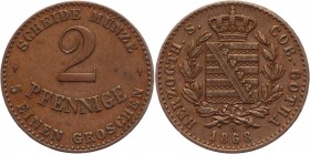 German States Saxe-Coburg-Gotha 2 Pfennig 1868 B
KM# 145; Copper 2.93g.; Ernst II; AUNC