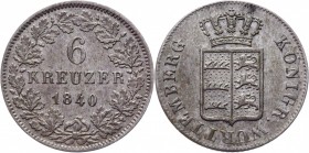 German States Wurttemberg 6 Kreuzer 1840
KM# 572; Silver 2,45g.; Wilhelm I; XF+