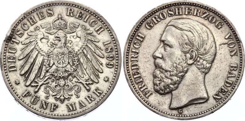 Germany - Empire Baden 5 Mark 1899 G
KM# 268; Silver; Friedrich I