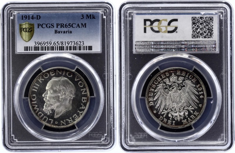 Germany - Empire Bavaria 3 Mark 1914 D PROOF PCGS PR65CAM
KM# 1005; J. 52; Silv...