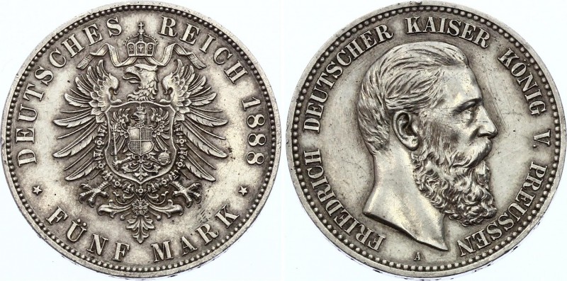 Germany - Empire Prussia 5 Mark 1888 A
KM# 512; J. 99; Friedrich III; Silver; X...