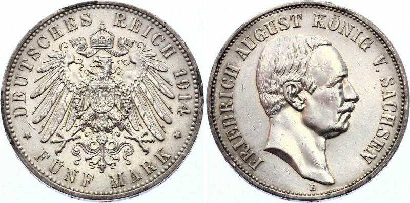 Germany - Empire Saxony 5 Mark 1914 E
KM# 126; Silver; Friedrich August III; XF...