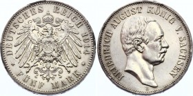 Germany - Empire Saxony 5 Mark 1914 E
KM# 126; Silver; Friedrich August III; XF+; Umnounted