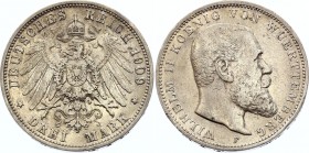 Germany - Empire Wurttemberg 3 Mark 1909 F
KM# 635; Silver; Wilhelm II.