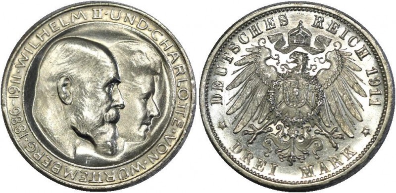 Germany - Empire Wurttemberg 3 Mark 1911 F
КМ# 636; Silver 16,60g.; Wedding Ann...