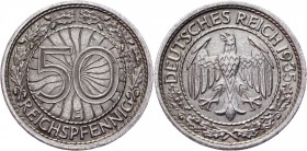 Germany - Weimar Republic 50 Pfennig 1935 Е Key Date
KM# 49; Nickel 3,49g.; AUNC