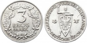 Germany - Weimar Republic 3 Reichsmark 1925 A
KM# 46; 1000th Year of the Rhineland; Silver; XF-AUNC