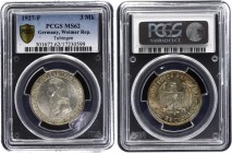 Germany - Weimar Republic 3 Reichsmark 1927 F PCGS MS 62
KM# 54; Silver; 450th Anniversary of the Tubingen University