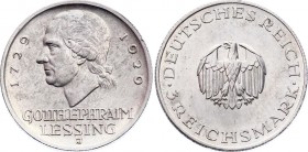 Germany - Weimar Republic 3 Reichsmark 1929 J
KM# 60; 200th Anniversary - Birth of Gotthold Lessing; Silver; AUNC