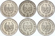 Germany - Third Reich 6 x 5 Reichsmark 1935 A,D,E,F,G,J
KM# 86; Silver; Paul von Hindenburg