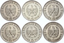 Germany - Third Reich 6 x 5 Reichsmark 1936 A,D,E,F,G,J
KM# 86; Silver; Paul von Hindenburg