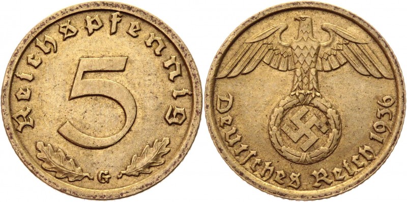 Germany - Third Reich 5 Pfennig 1936 G Key Date
KM# 91; Aluminium-Bronze 2,51g....