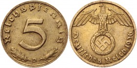 Germany - Third Reich 5 Pfennig 1936 D Key Date
KM# 91; Aluminium-Bronze 2,53g.; XF-AUNC