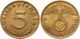 Germany - Third Reich 5 Pfennig 1936 A Key Date
KM# 91; Aluminium-Bronze 2,51g.; AUNC