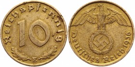 Germany - Third Reich 10 Pfennig 1936 E Key Date
KM# 92; Aluminium-Bronze 3,99g.; VF-XF