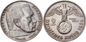 Germany - Third Reich 2 Reichsmark 1936 E Key Date
KM# 93; Silver 7,96g.; Swastika-Hindenburg Issue; XF-AUNC