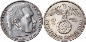 Germany - Third Reich 2 Reichsmark 1939 E Key Date
KM# 93; Silver 7,99g.; Swastika-Hindenburg Issue; XF-AUNC