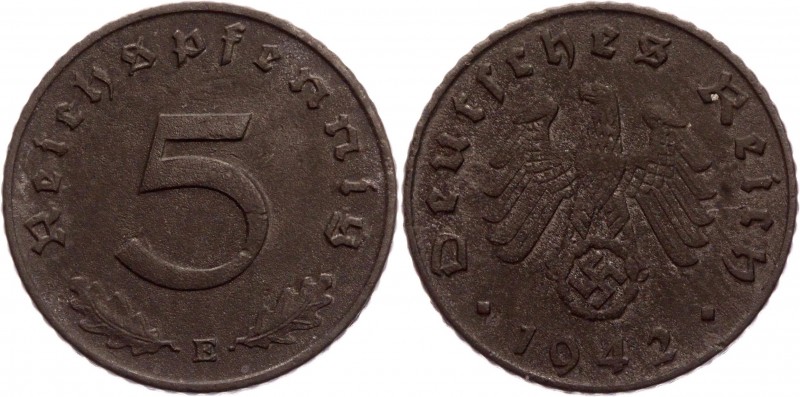 Germany - Third Reich 5 Pfennig 1942 E Key Date
KM# 100; Zink 2,48g.; XF