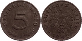 Germany - Third Reich 5 Pfennig 1942 E Key Date
KM# 100; Zink 2,48g.; XF