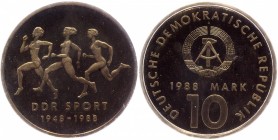 Germany - DDR 10 Mark 1988 A
KM# 125; Copper-Nickel; 40 Years of East German Sports; Mintage 3200 Pcs; Proof