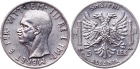 Albania 5 Lek 1939 R
KM# 33; Silver 5,00g.; Vittorio Emanuele III; XF+