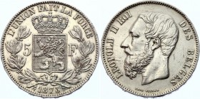 Belgium 5 Francs 1873 Position "A"
KM# 24; Leopold II; Silver; XF