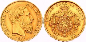 Belgium 20 Francs 1877
KM# 37; Gold (.900), 6.45g. AUNC.