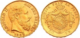 Belgium 20 Francs 1882
KM# 37; Gold (.900), 6.45g. AUNC.